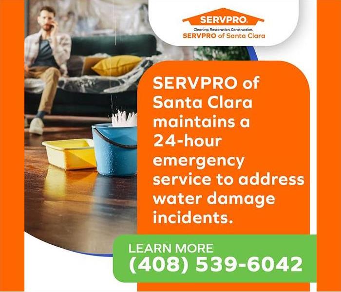 SERVPRO of Santa Clara ad highlighting 24-hour emergency services for water damage, featuring a damaged living room.